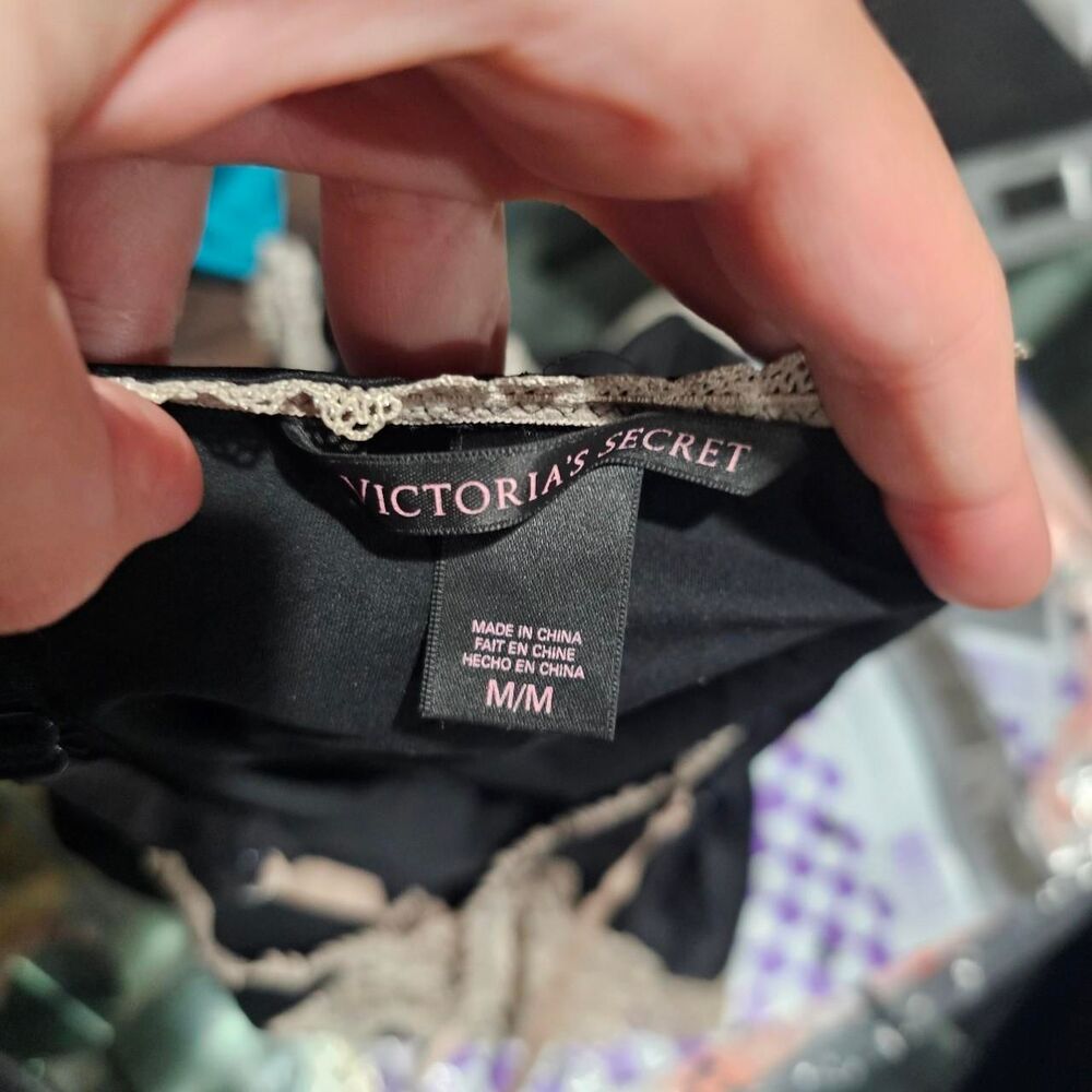 2014 victorias secret black satin slip dress with cream trim - Picture 5 of 6